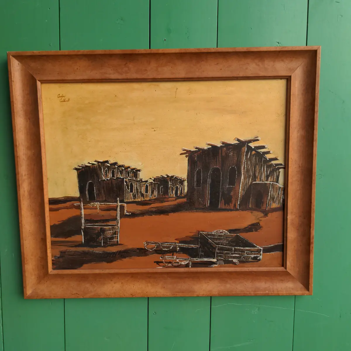 Unframed - Orange Tone Oil Painting Of A Dilapidated Town 1