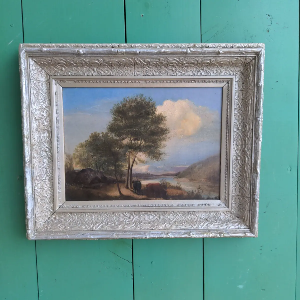 Framed Oil Paint With Cows By A Lake 1