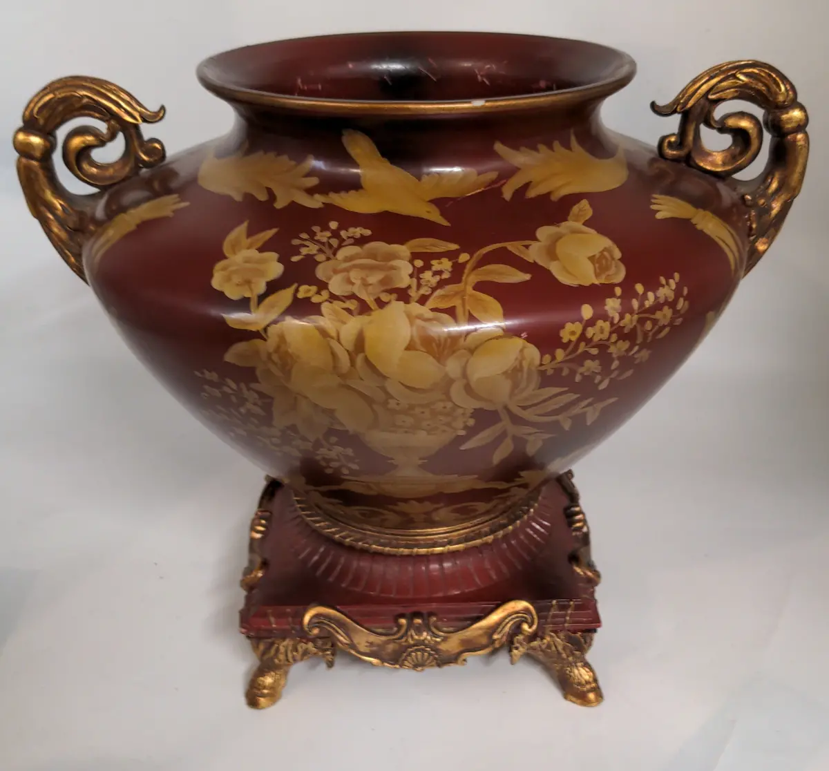 Red & Gold Compote With Square Base And Bird Motif 1