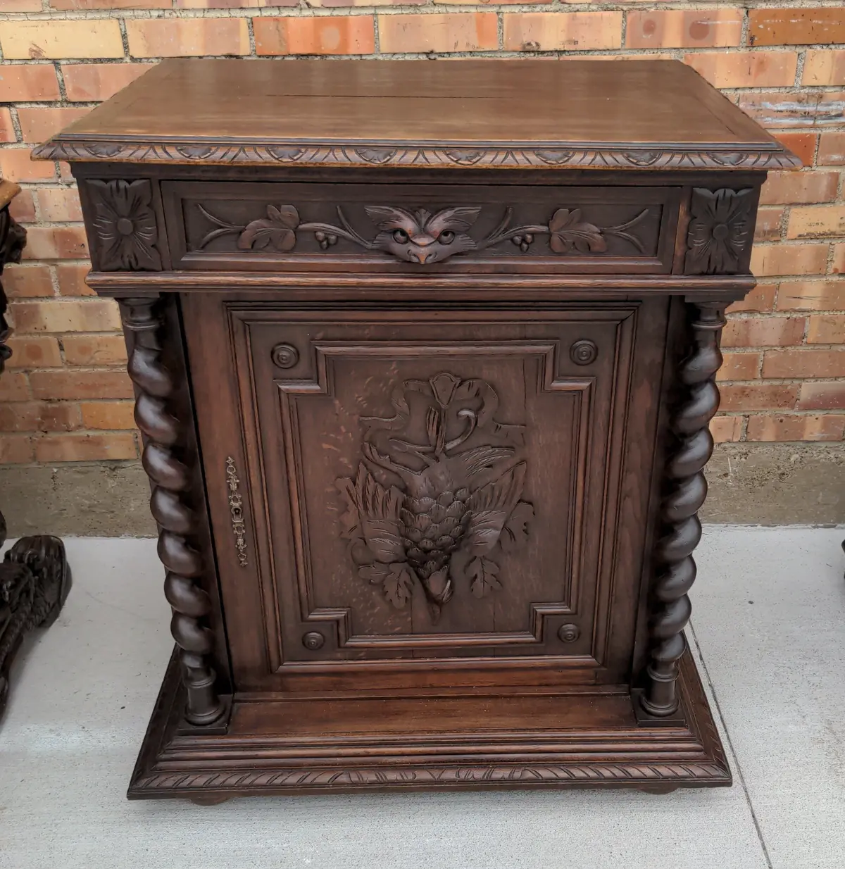 French Dark Oak Bird Carved Jam Cupboard 1