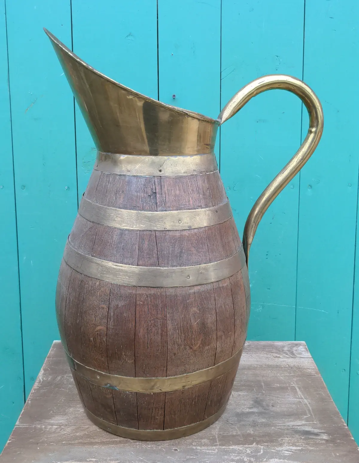 Oak And Brass Banded Pitcher Style Umbrella Stand 1