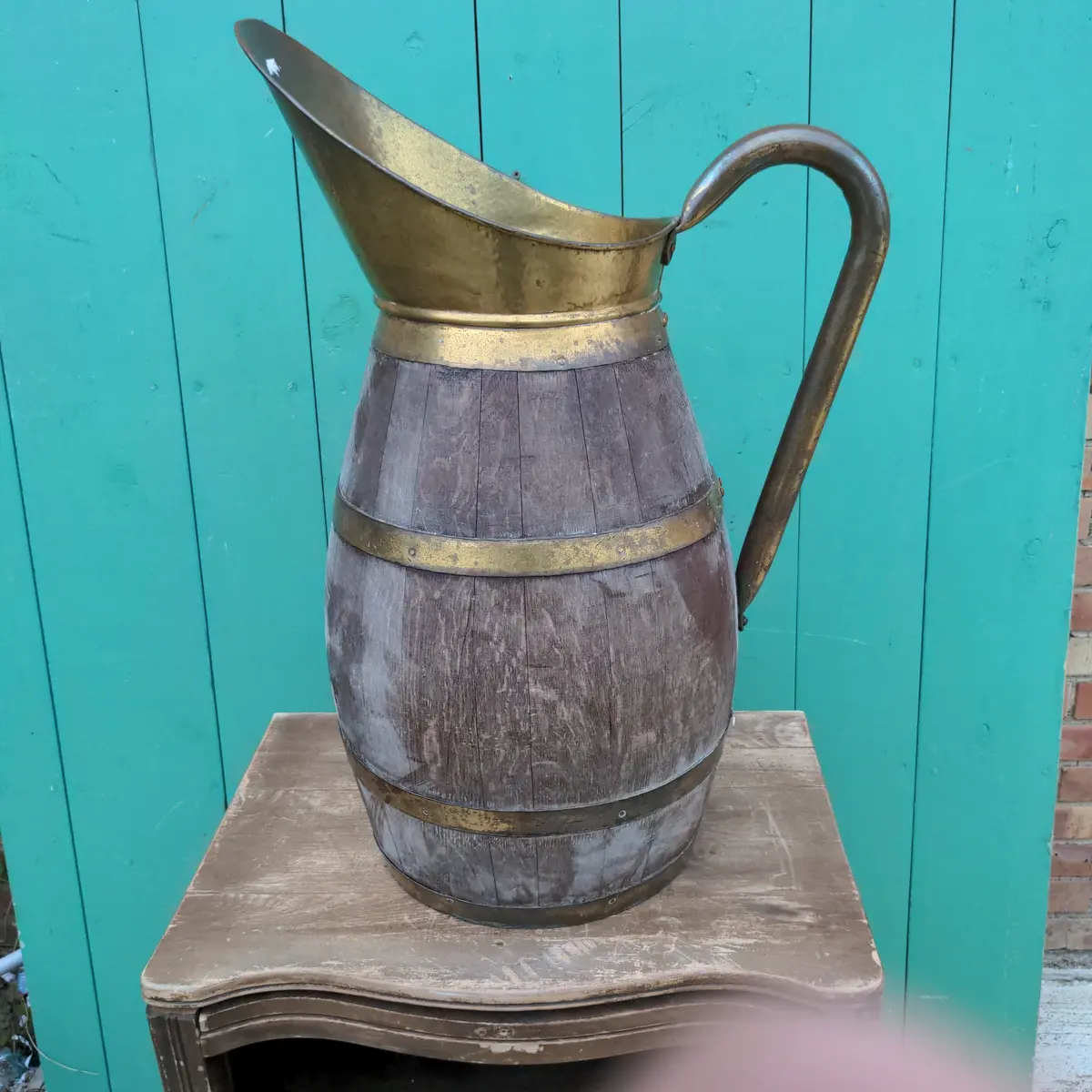 Oak And Brass Banded Pitcher Style Umbrella Stand 1