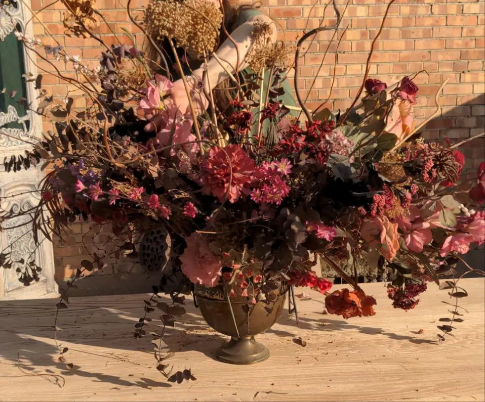Large Dried Floral Arrangement In Brass Pot 1