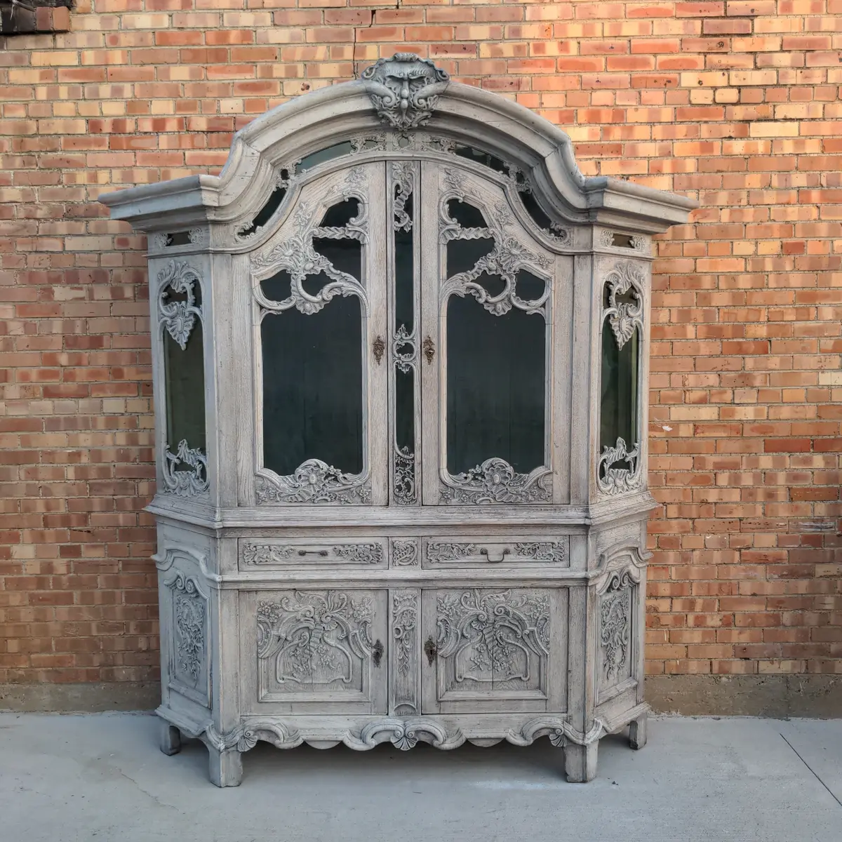 Large Painted Grey Vitrine With Arched Top 1