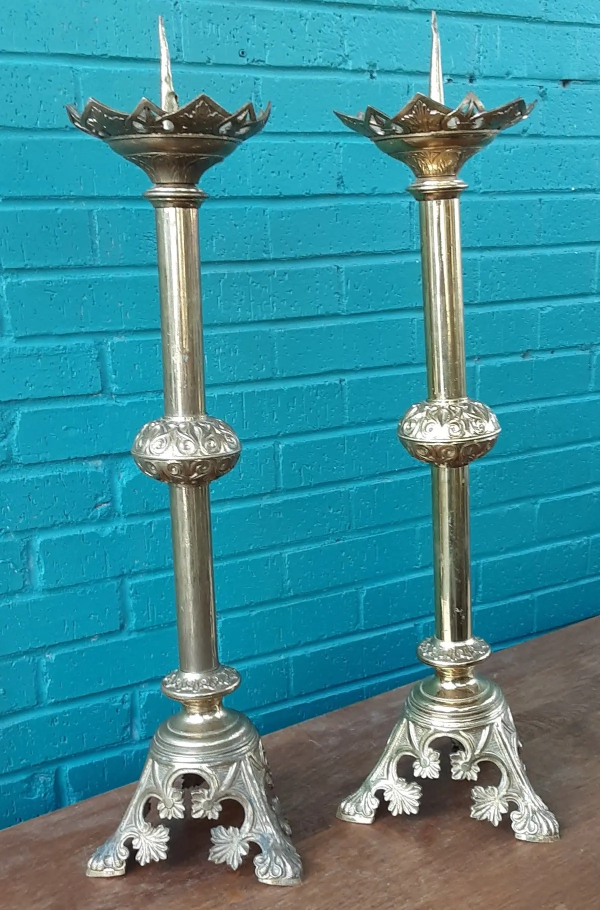 Pair Of Brass Pricketts (Candle Stands) As Found 1