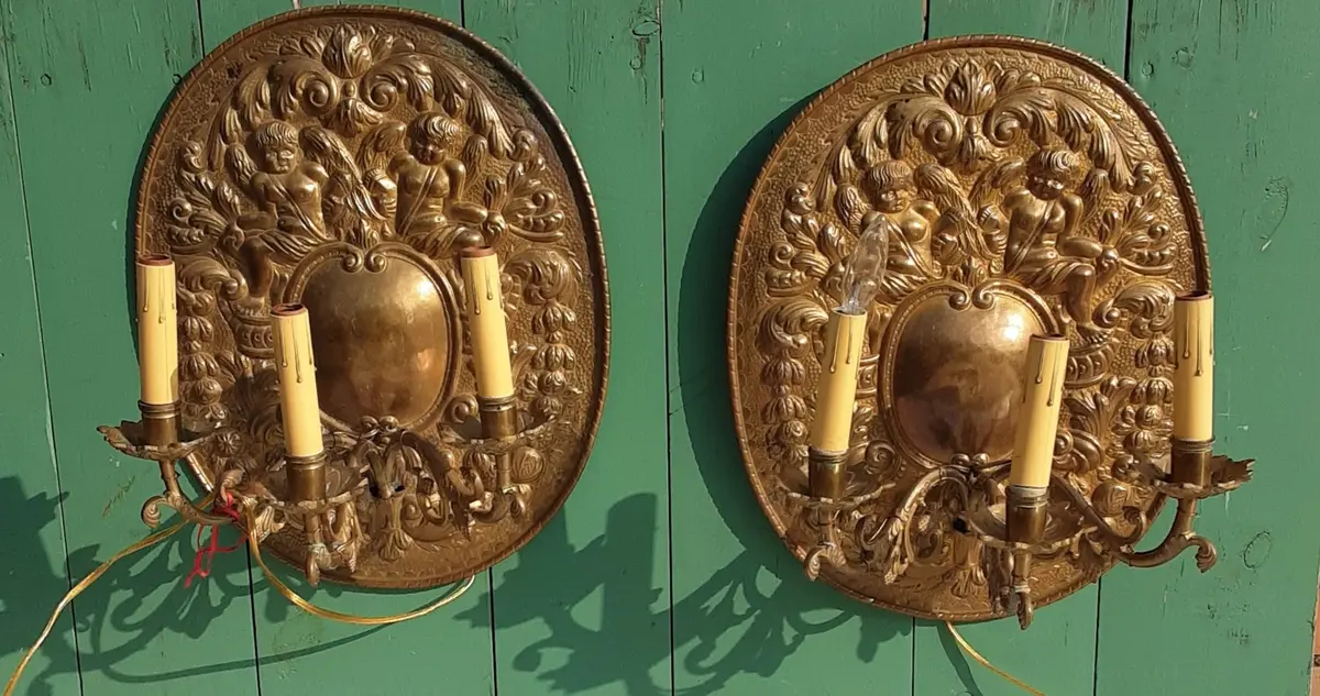 Pair Of Brass Cherub Plaques With Electrified Sconces 1