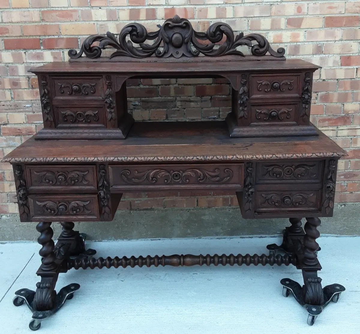 Nicely Carved Barley Twist Desk With Top Drawers 1