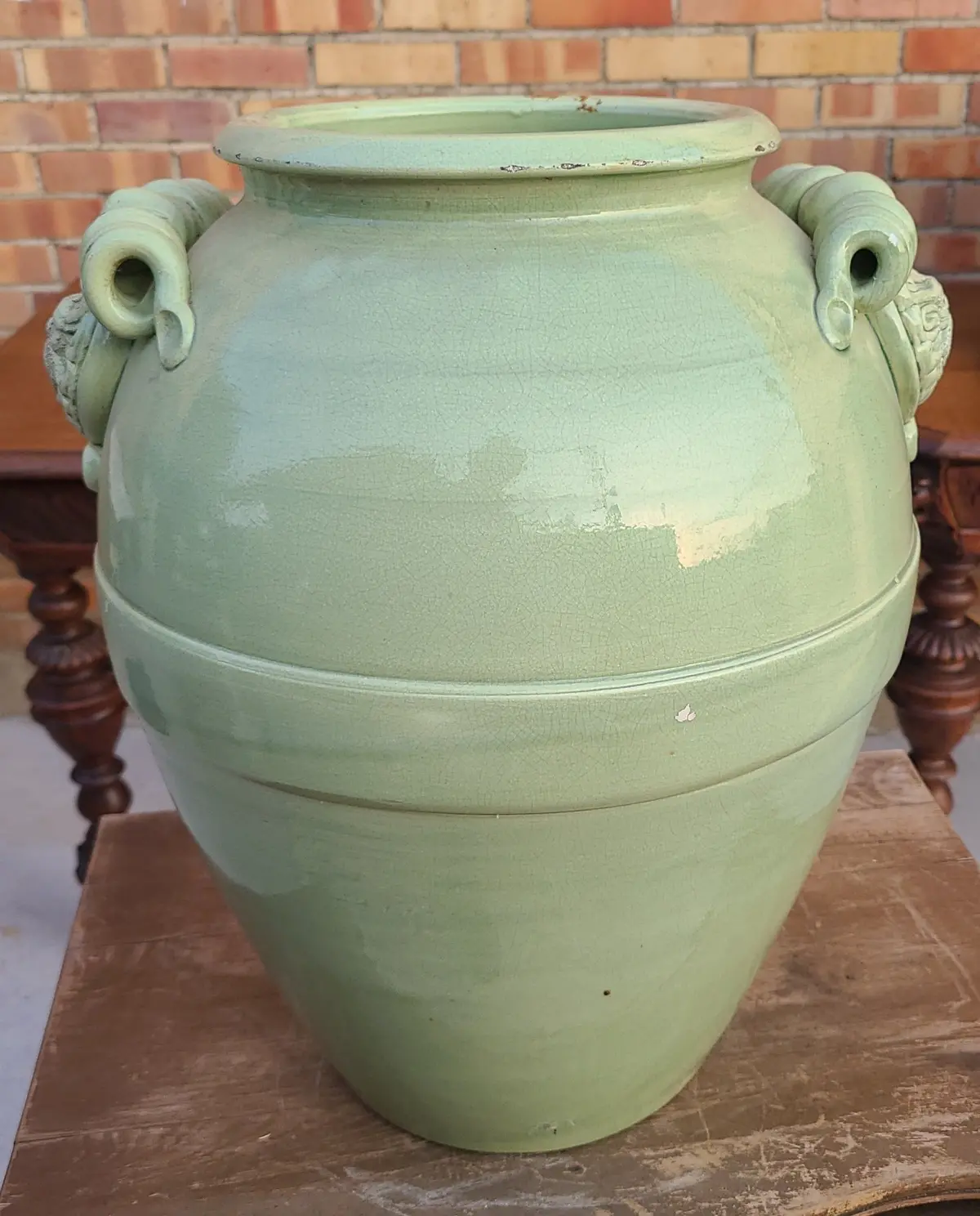 As Found Green Glazed Pottery Vase With Wind Faces 1