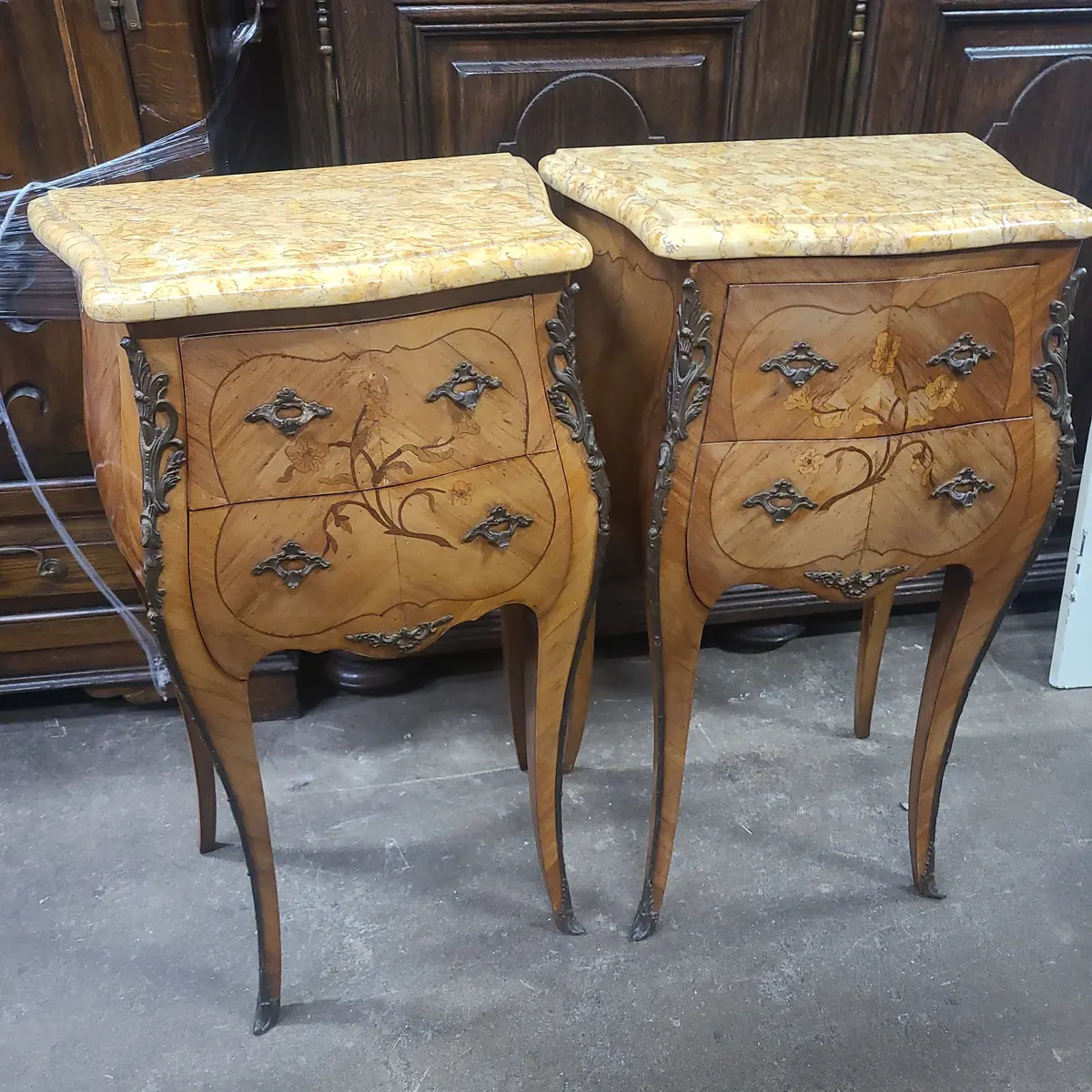 Pair Marble Top Inlayed Night Stands With Ormolu Mounts 1