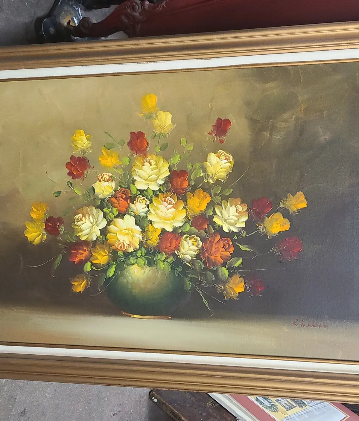 Beautiful Large Dramatic Floral Painting In Frame 1