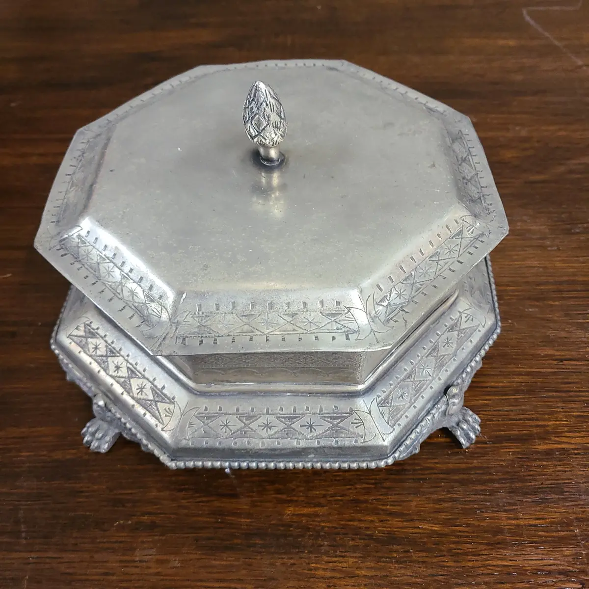 Octagon Pewter Box With Lid As Found Foot Missing 1