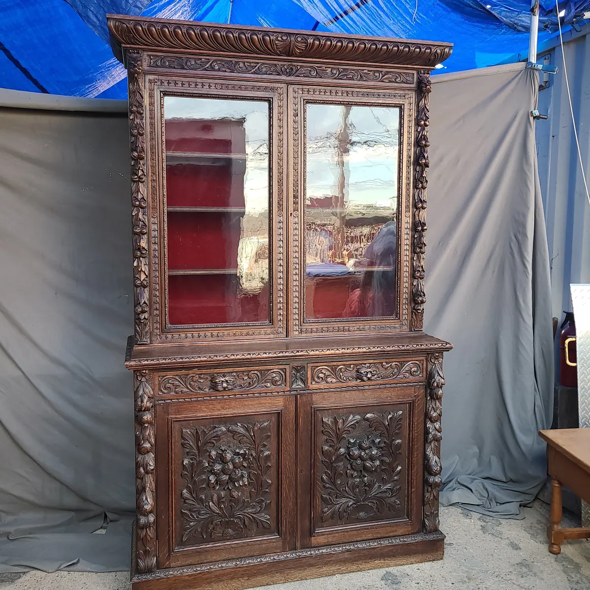 English Oak Step Back Lion Mask 19Th C. Bookcase 1