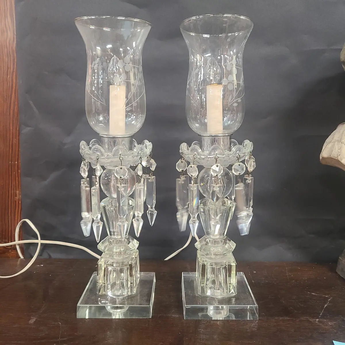 Pair Prismed Lamps With Hurricane Shades 1