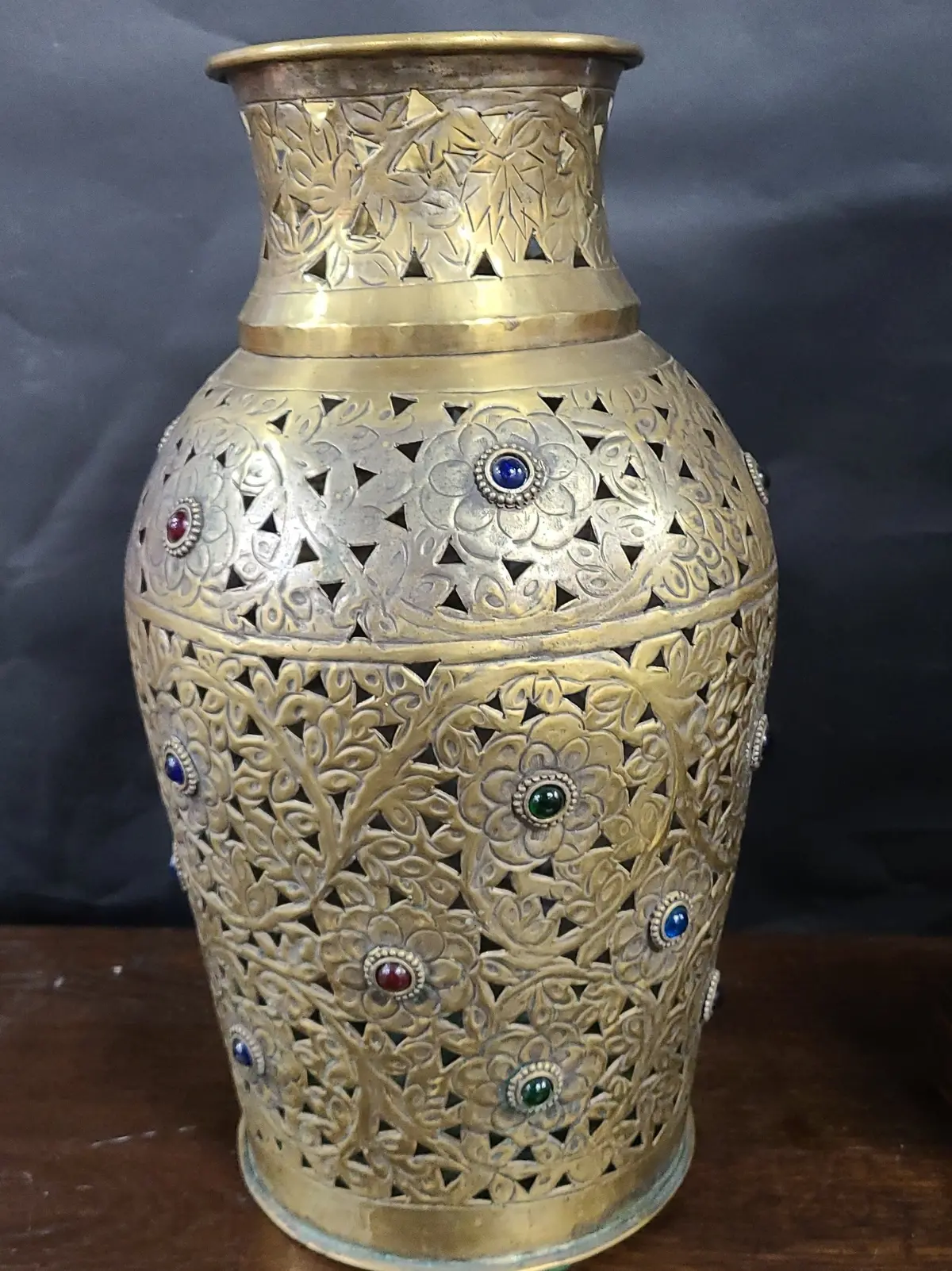 Incised And  Fret Cut Brass And Jeweled Tall Vase 1