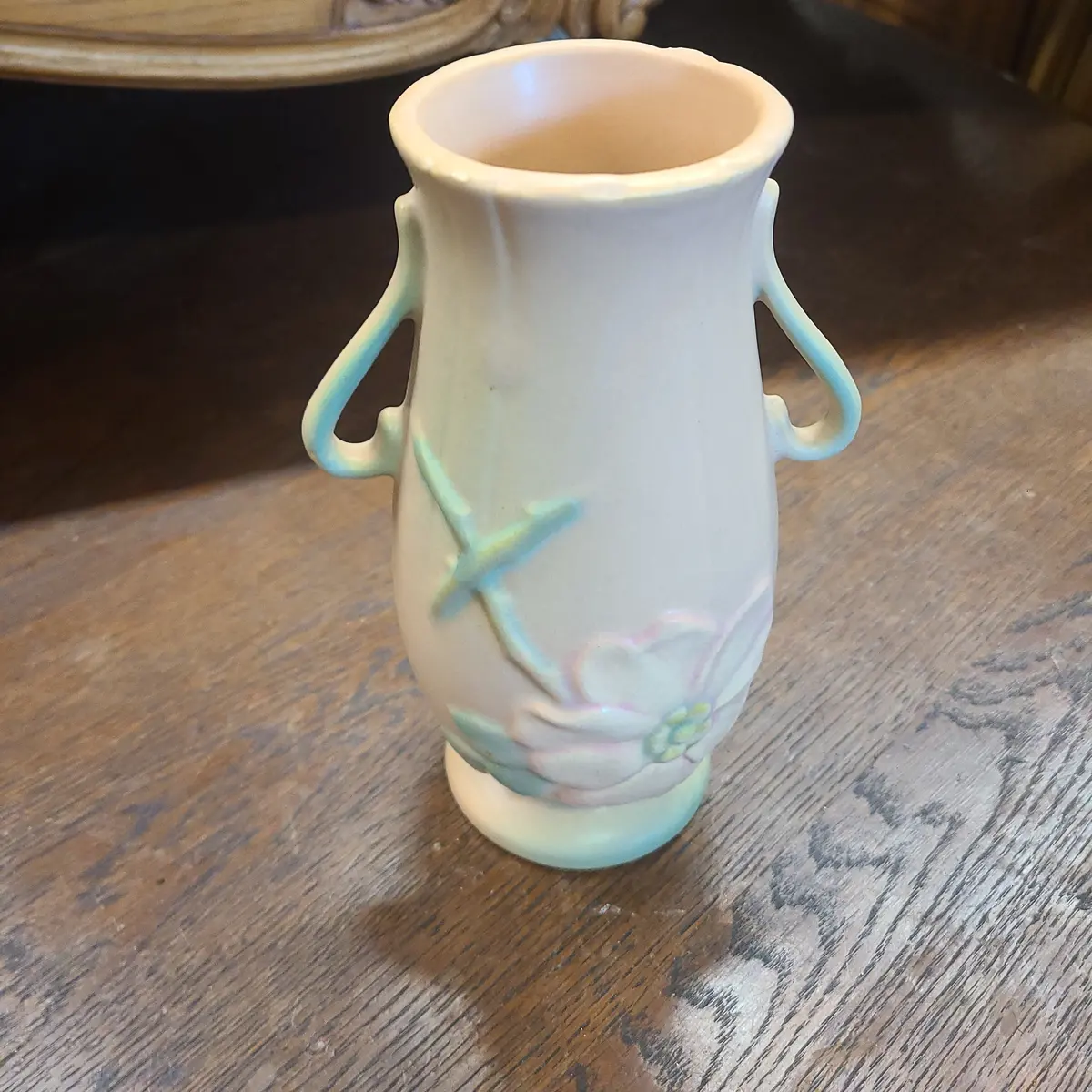 Small Peachy And Green Weller Vase 1