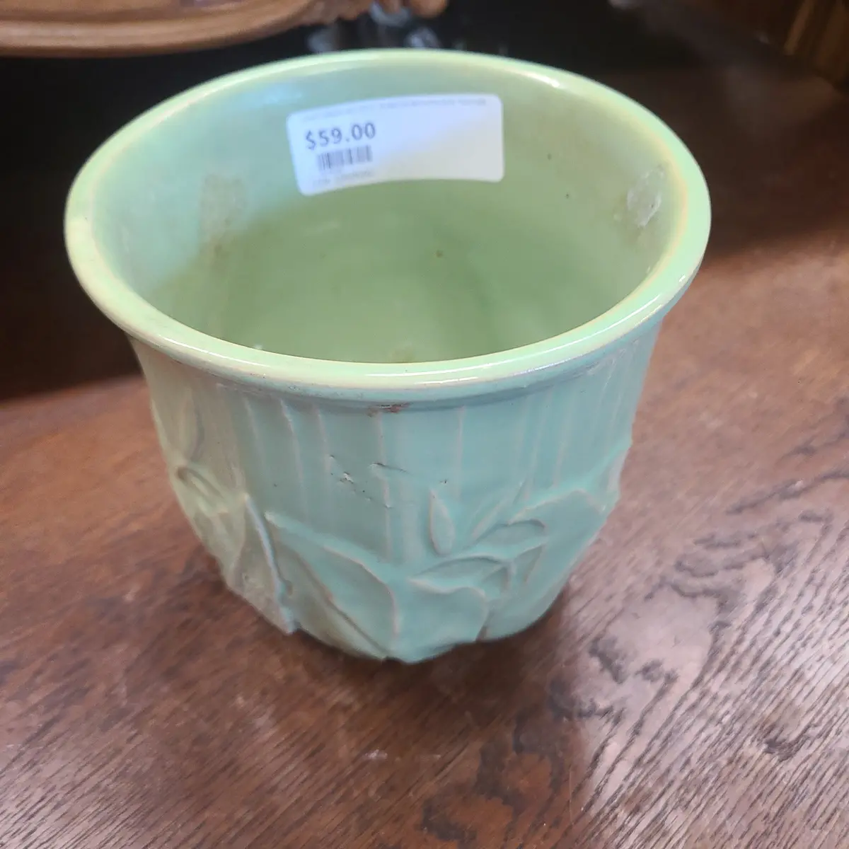 Light Green Mccoy 6" Planter With Foliate Texture 1