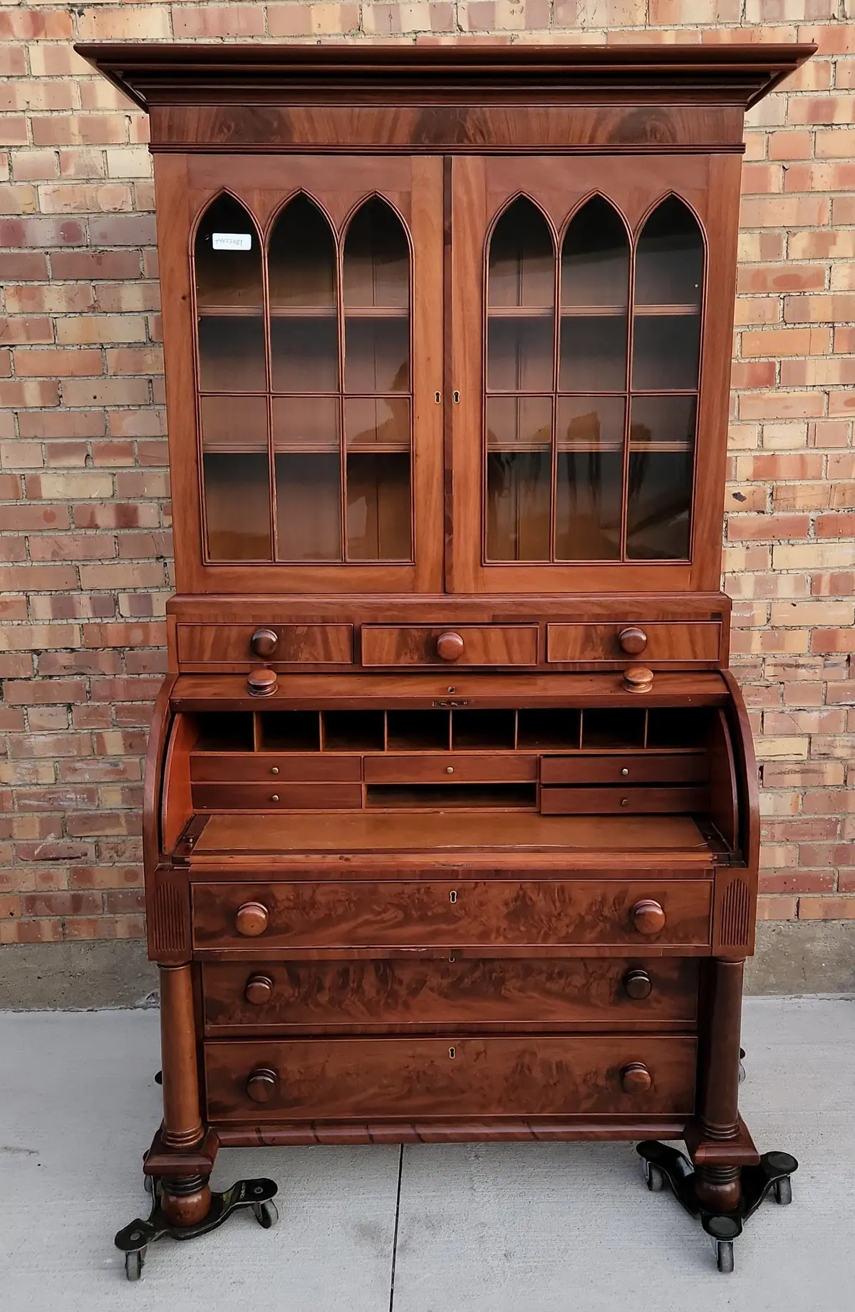 Gothic Mahogany Cylinder Roll Secretary Desk 1