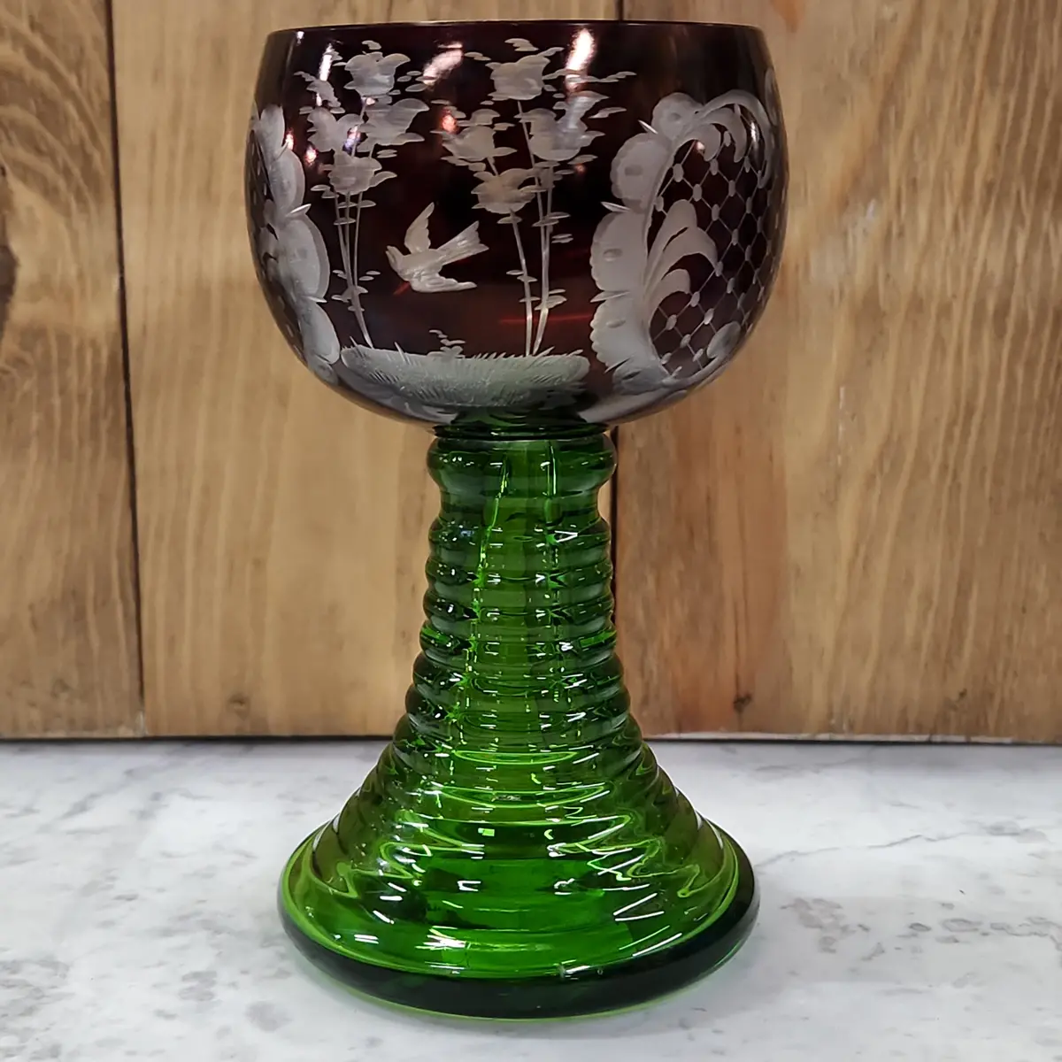 Bohemian Green And Ruby Cut To Clear Wine Glass 1