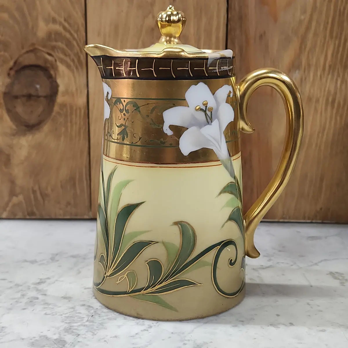 Small Green And Gold Pickard Pitcher With Lilies With Lid 1