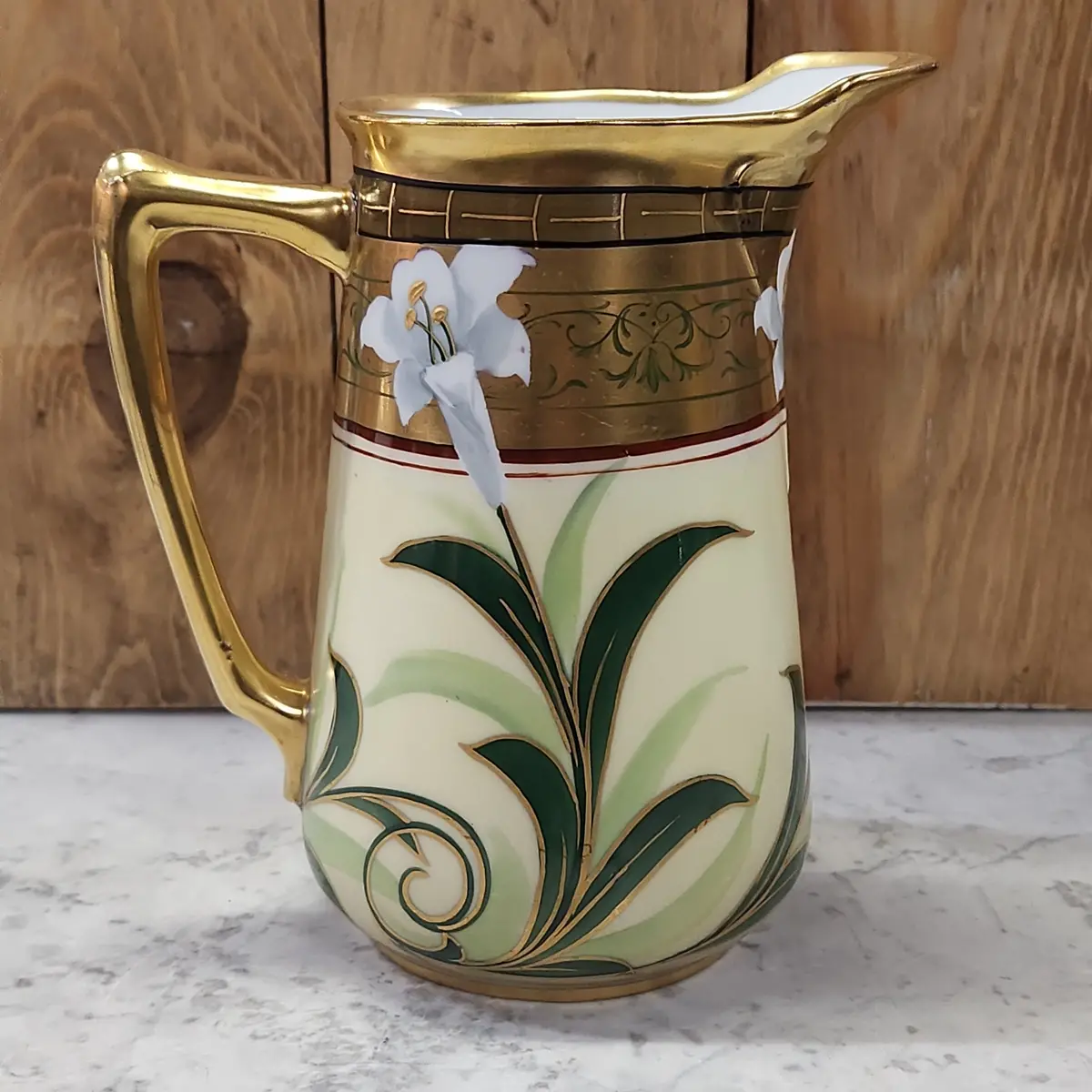 Large Green And Gold Pickard Pitcher With Lilies 1