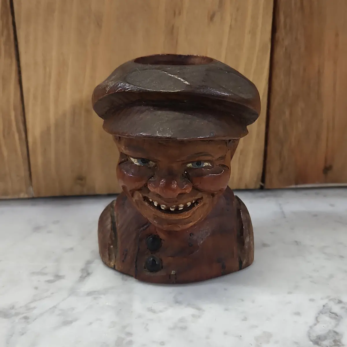 Wood Carved Man With A Hat Toothpick Holder 1