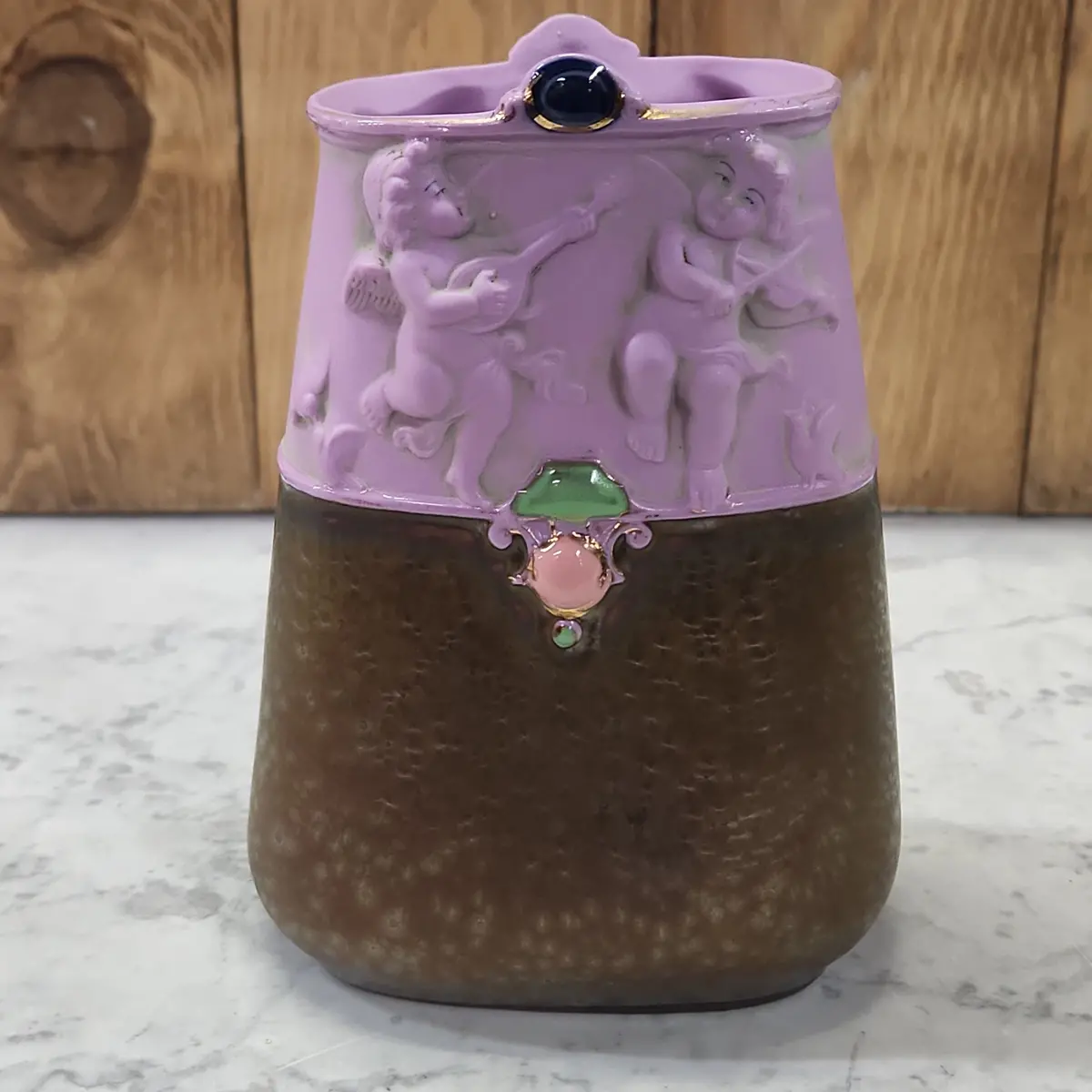 Lavender And Bronze Porcelain Schafer Vater Vase With Angels 1