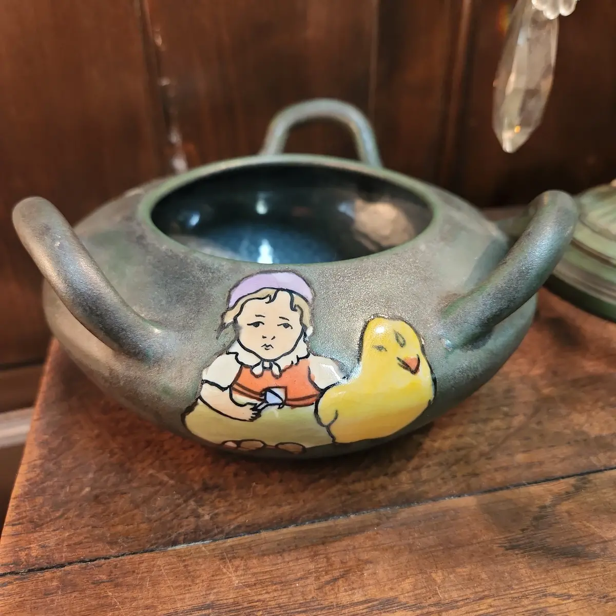 Teplitz Pottery Bowl With Girl And Baby Chick 1