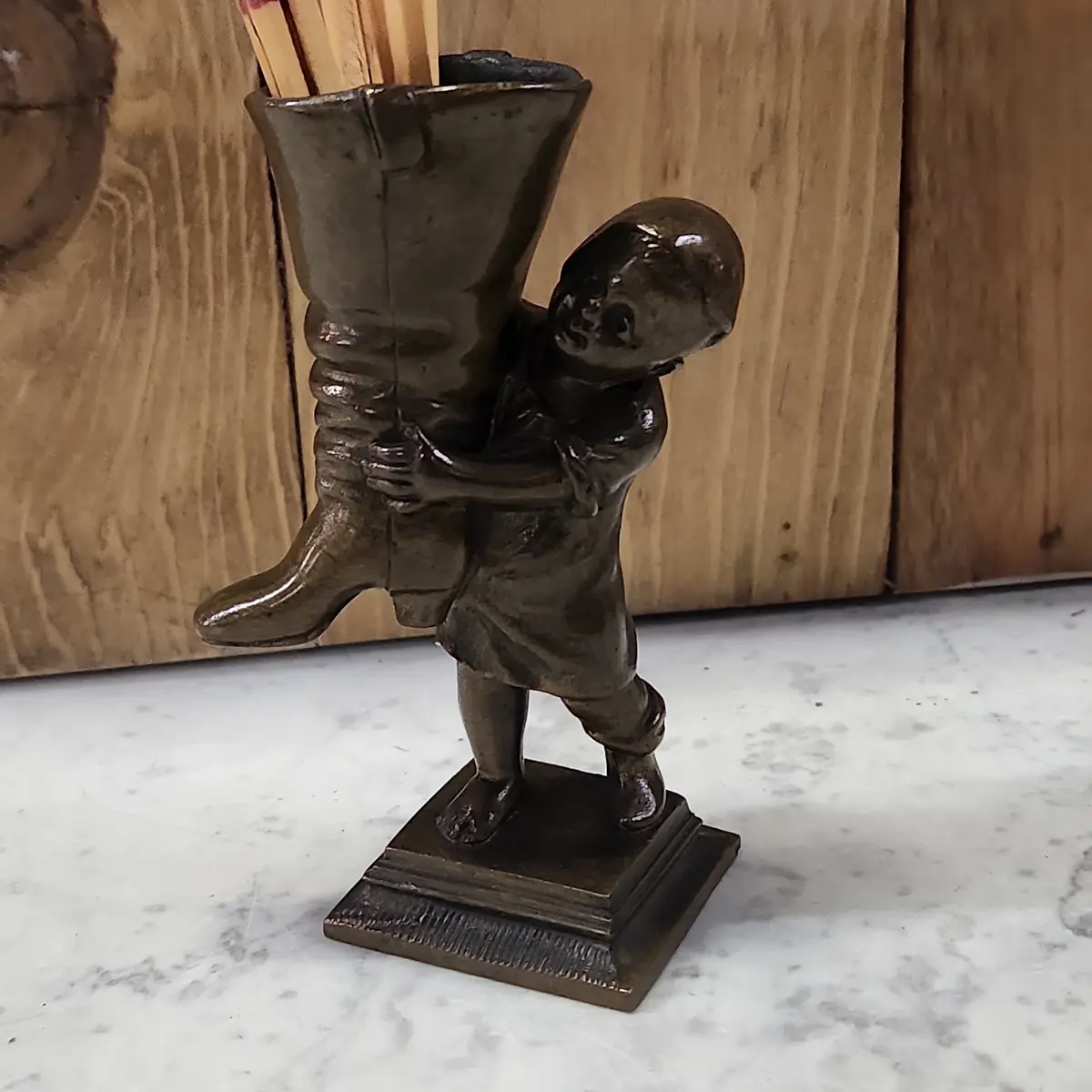 Bronze Figural Match Safe With Little Boy And Boot 1