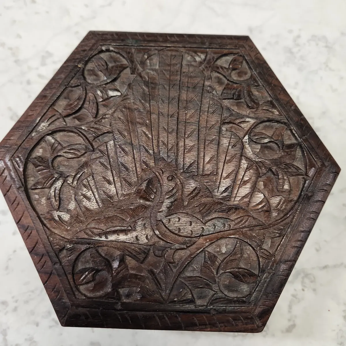 Peacock Carved Wood Hexagonal Box 1
