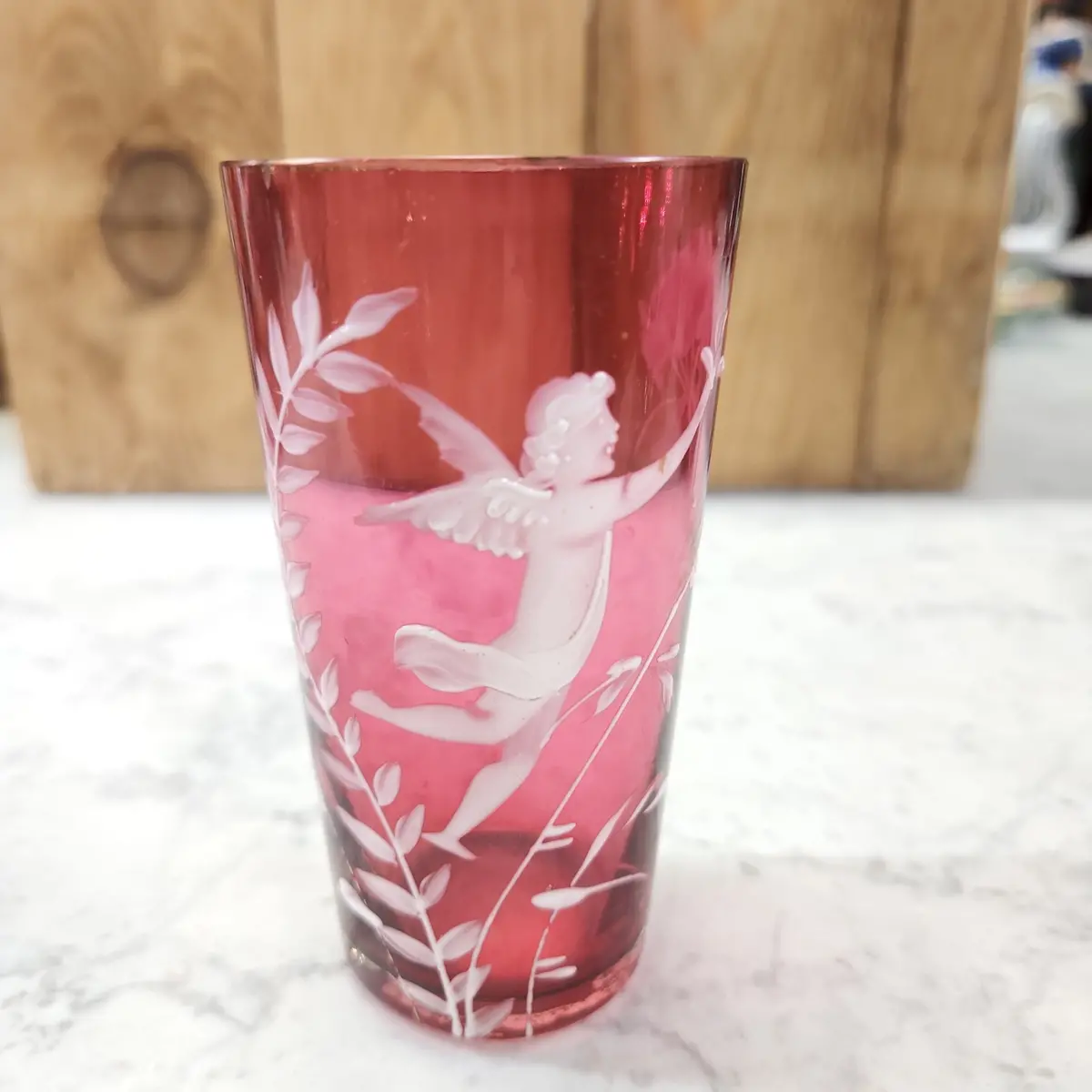 Victorian Cranberry Mary Gregory Art Glass Tumbler With Angel 1