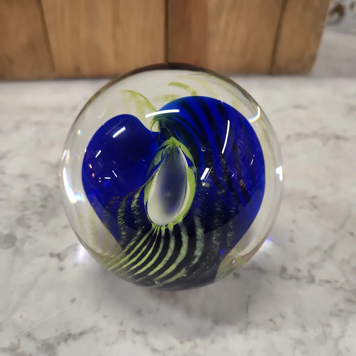 Cobalt And Green Swirl Glass Paperweight 1