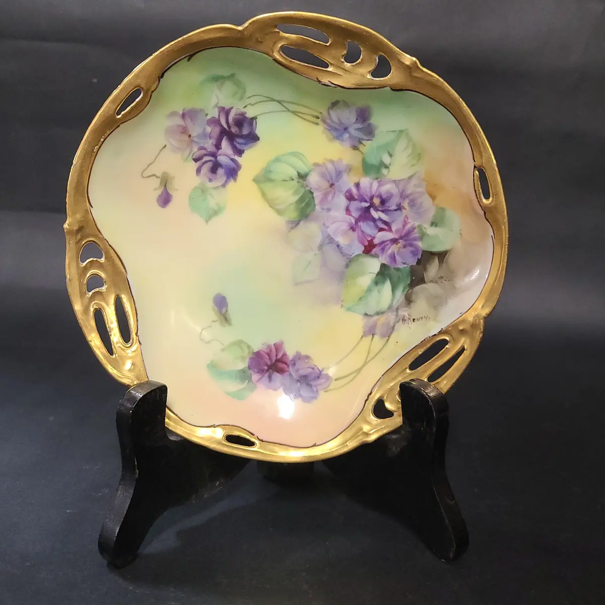 Small Signed Pickard Pierced Dish With Purple Flowers 1