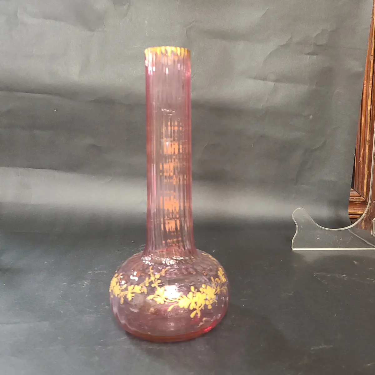 Hand Painted Cranberry Vase With Gilt Floral Vines 1