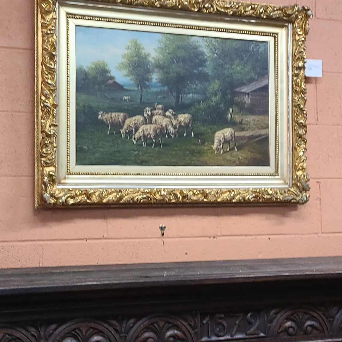 Gilt Framed Large Oil On Canvas Sheep Painting 1