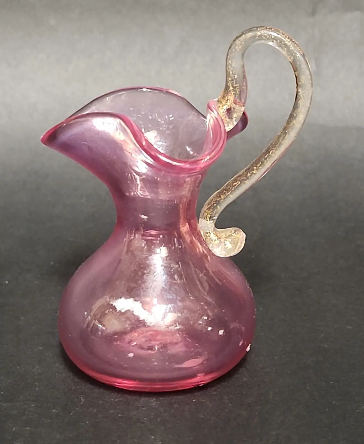 Small Art Glass Hand Blown Pink And Clear Pitcher 1