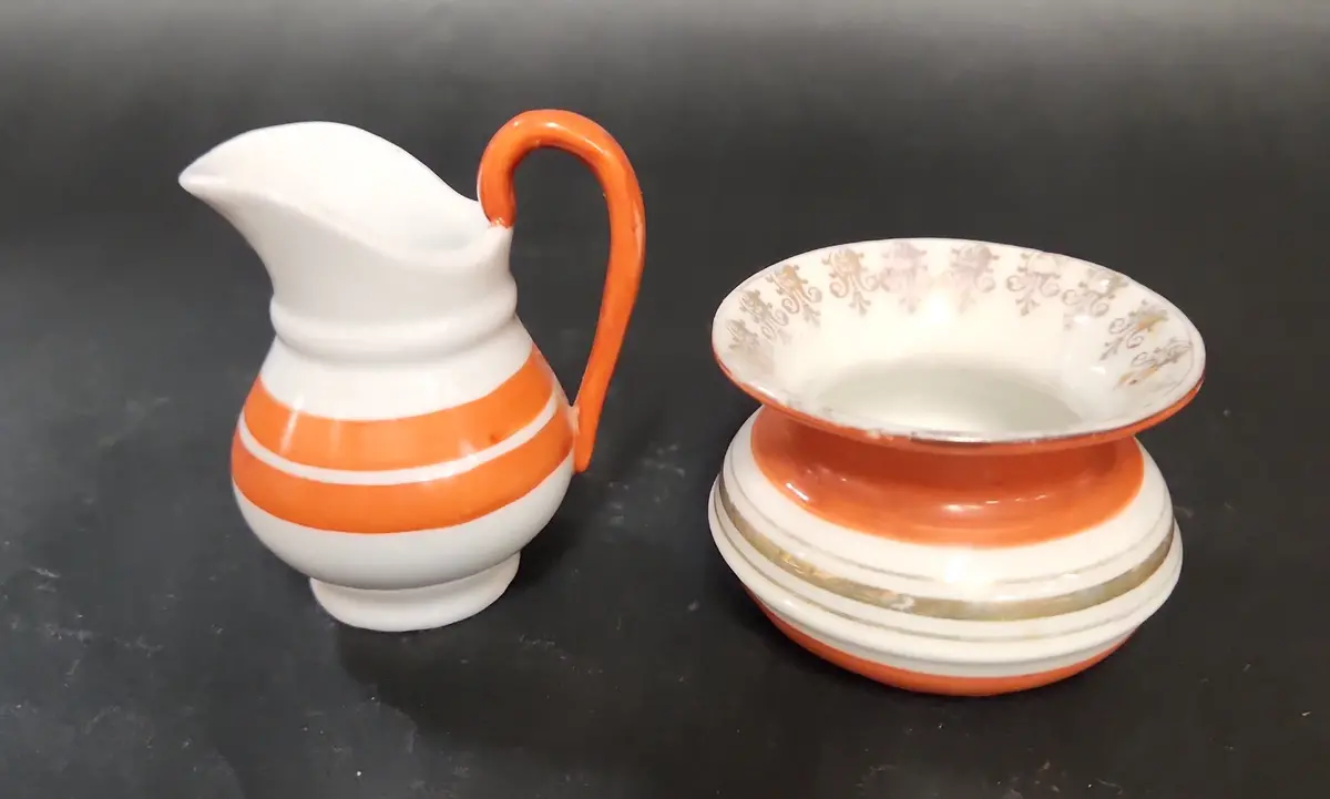 2 Piece Orange And White Miniature Bowl And Pitcher 1