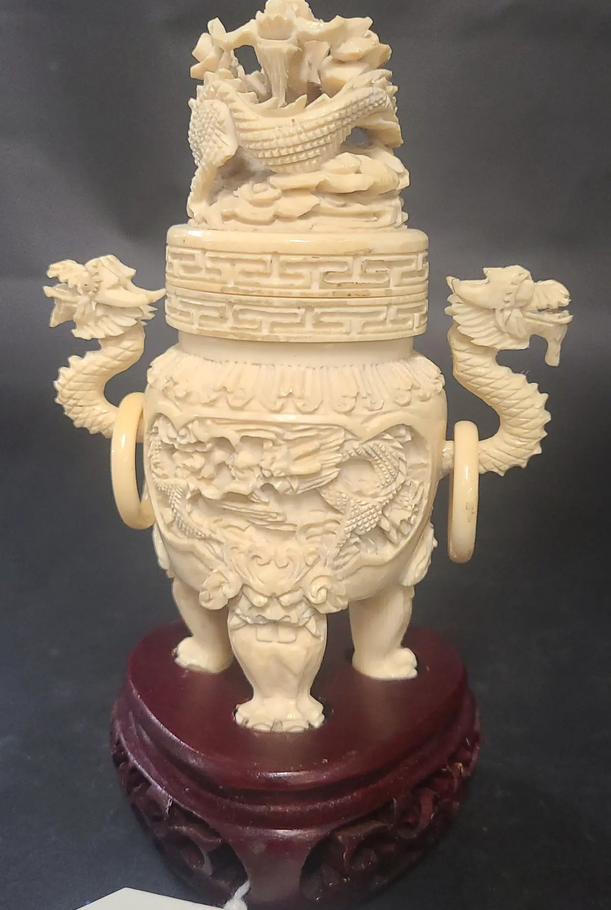 Bone Carved Asian Urn With Wood Base 1