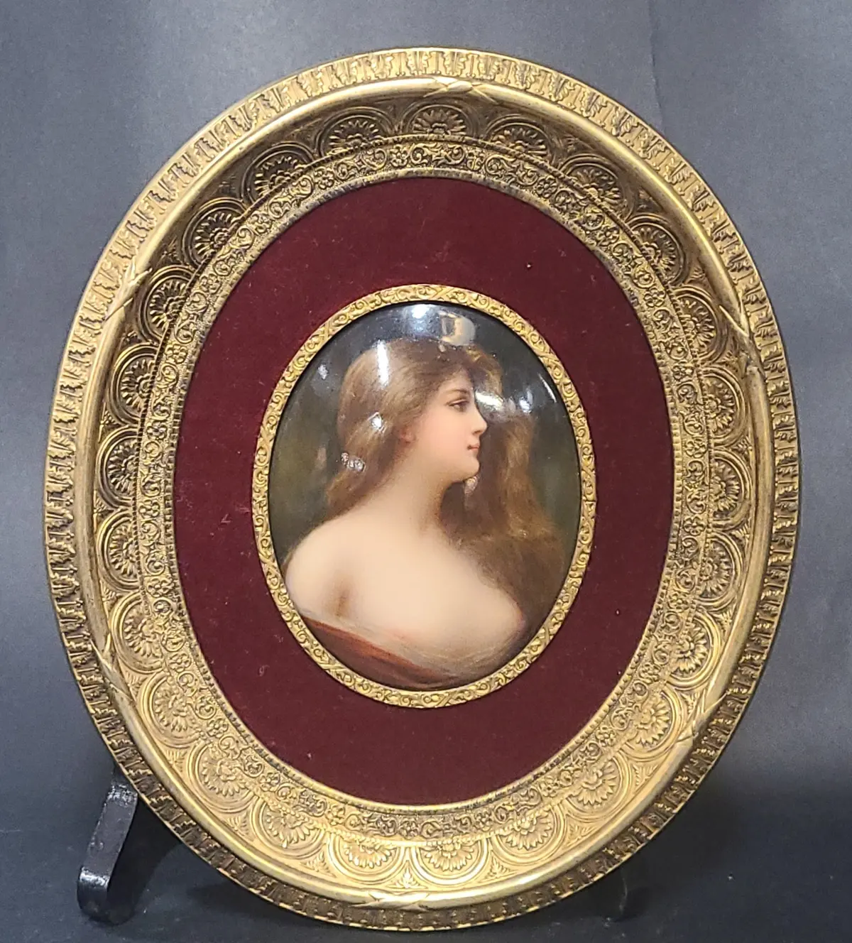 Mini Porcelain Partially Nude Oval Lady Painting With Ornate Brass Frame 1