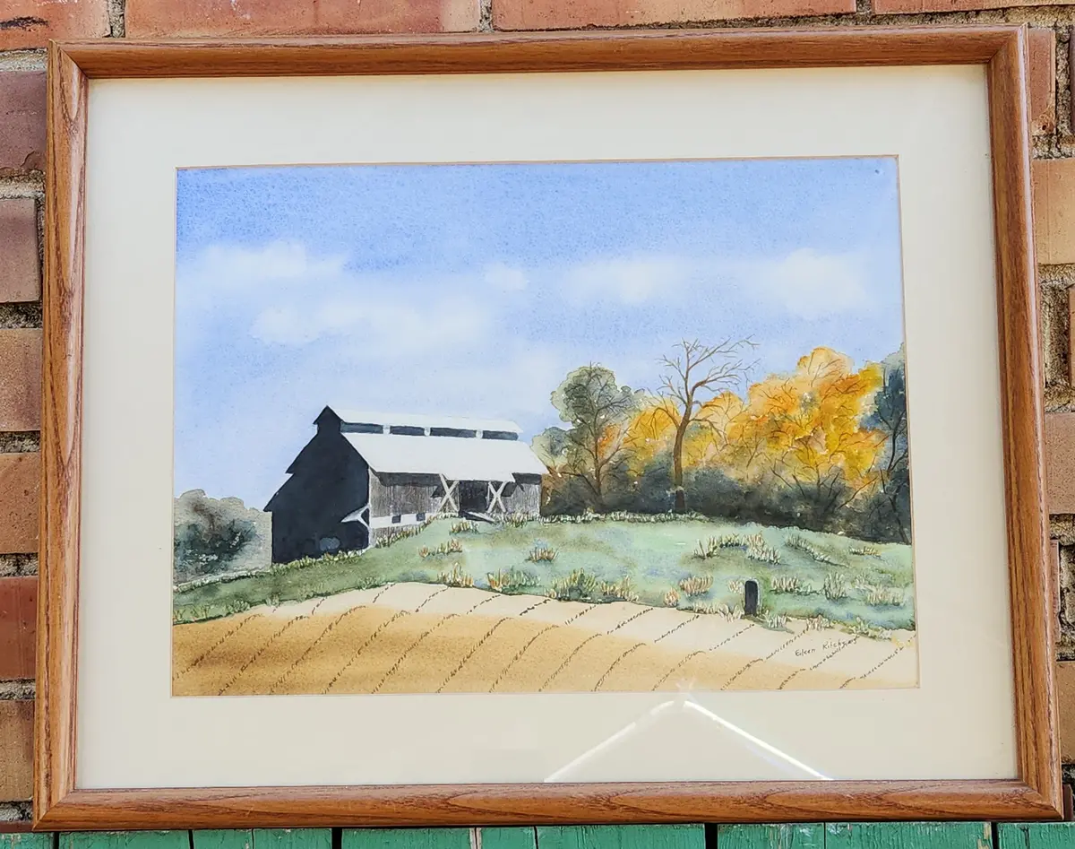 Watercolor Paintng Of A Barn With White Roof By Eileen Kitchens 1