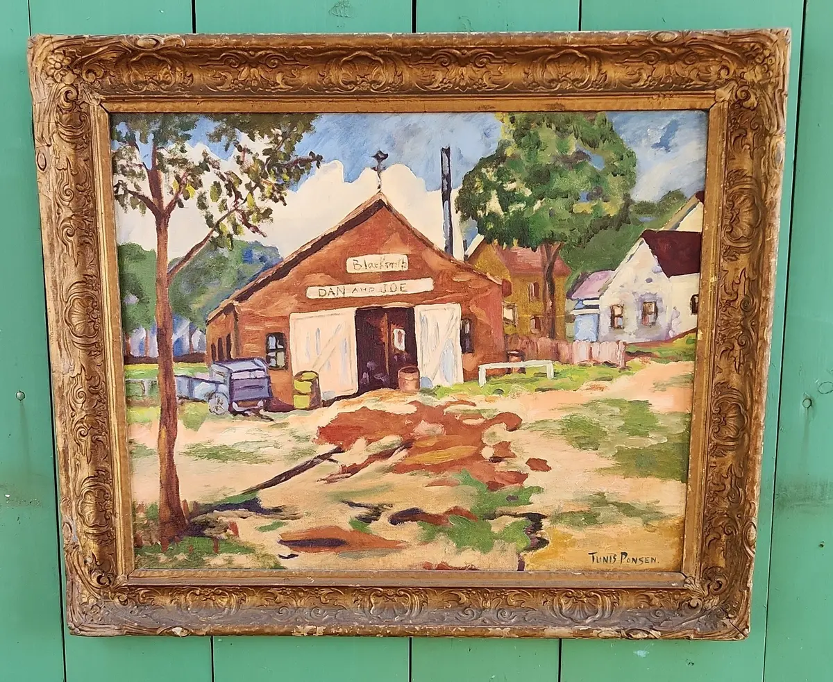 Framed Impressionist Oil Painting On Canvas Of A Country Blacksmith Shop  By Tunis Ponsen 1