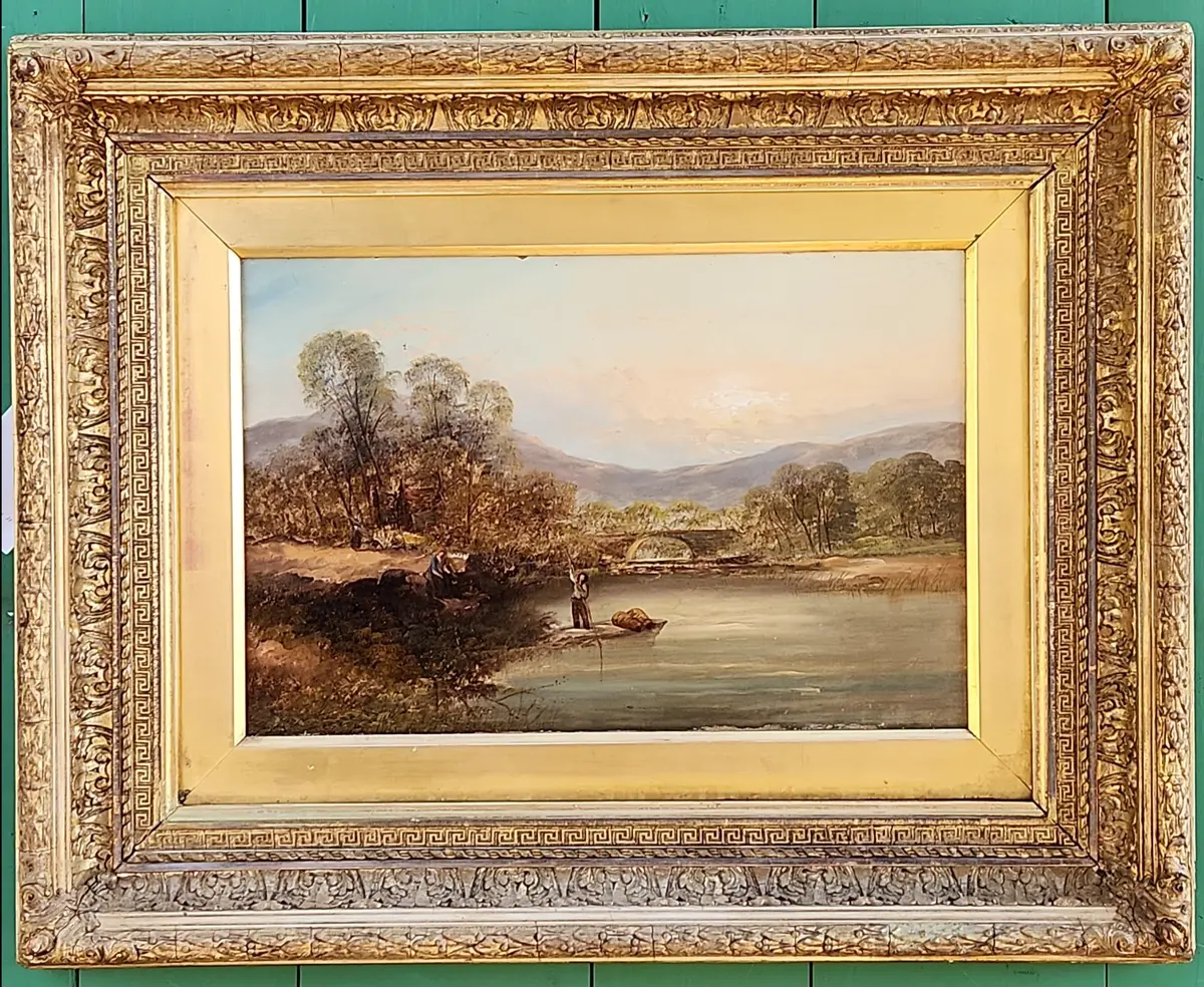 19Th Century Farmed Landscape Of A Boy In A Boat By S.Beatty 1