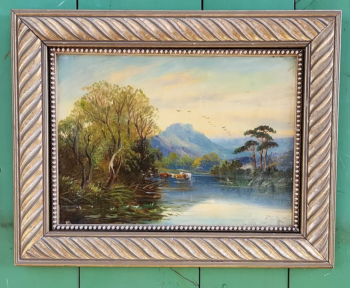 Silver Framed 19Th Century Oil Painting Of Cows In A Stream 1