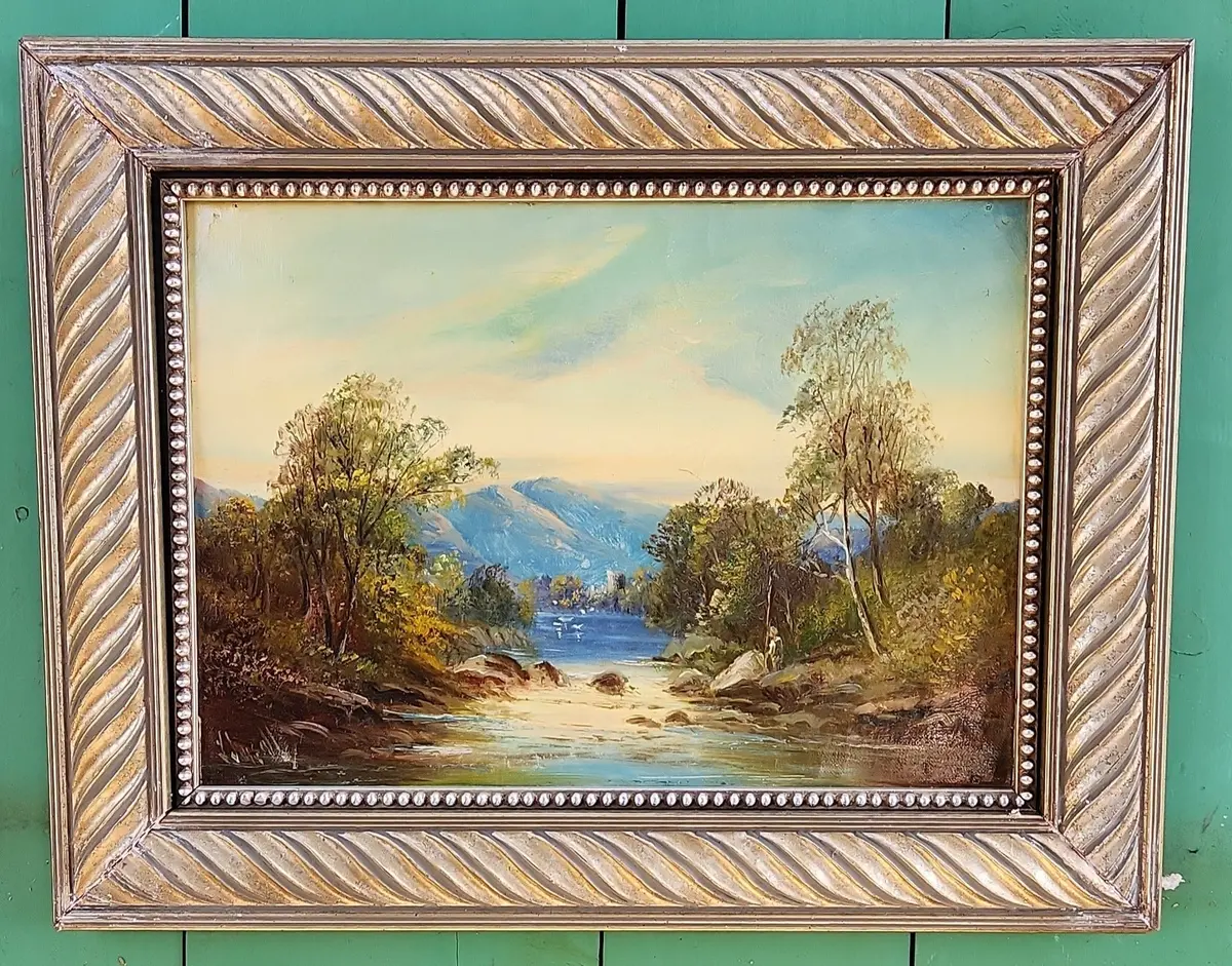 Silver Framed Oil Painting Of A Castle By A Stream-Signed 1