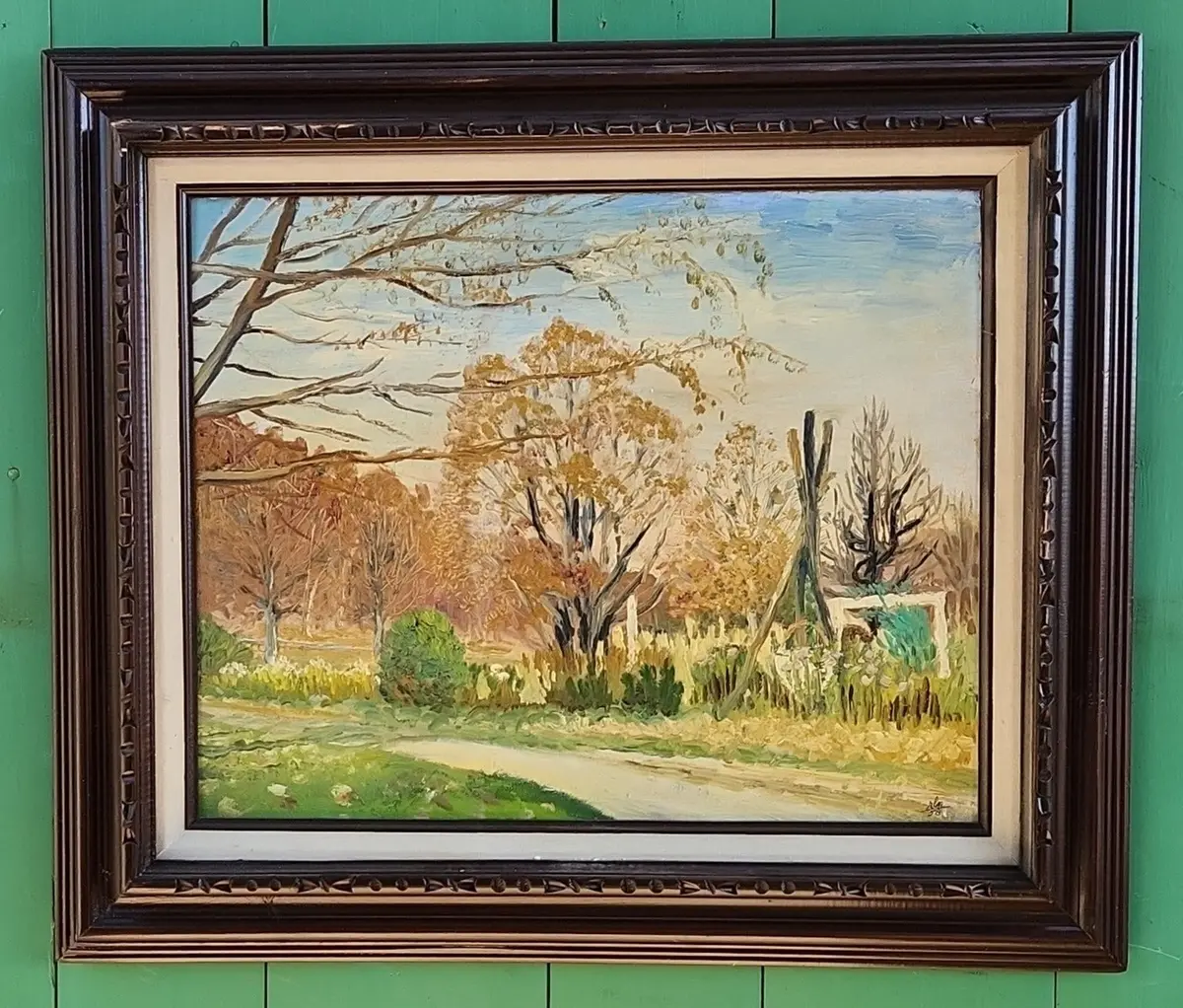 Framed Impasto Oil Painting Of A Country Road Signed Rlm 1958 1