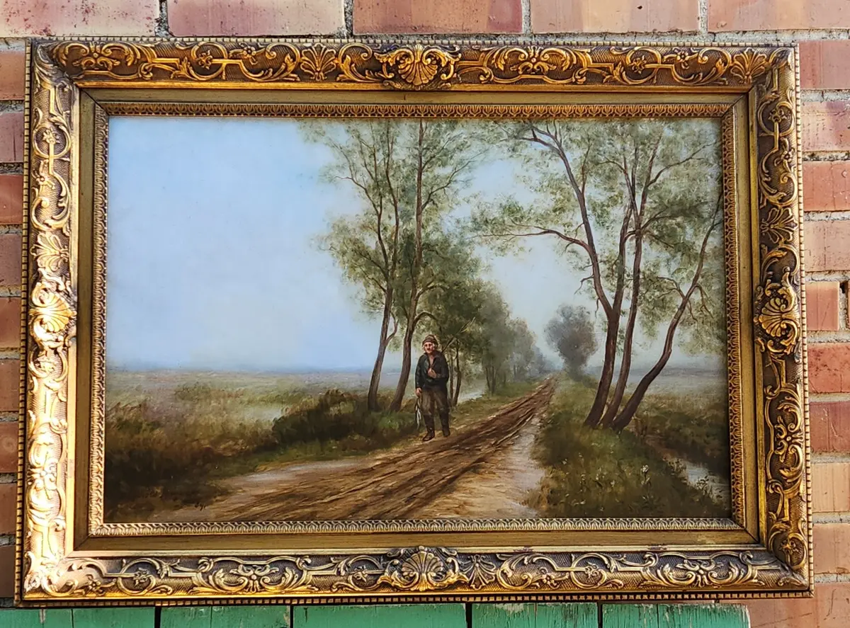 Framed Oil Painting Of A Fisherman On A Long Road By F. Harold Hayword 1