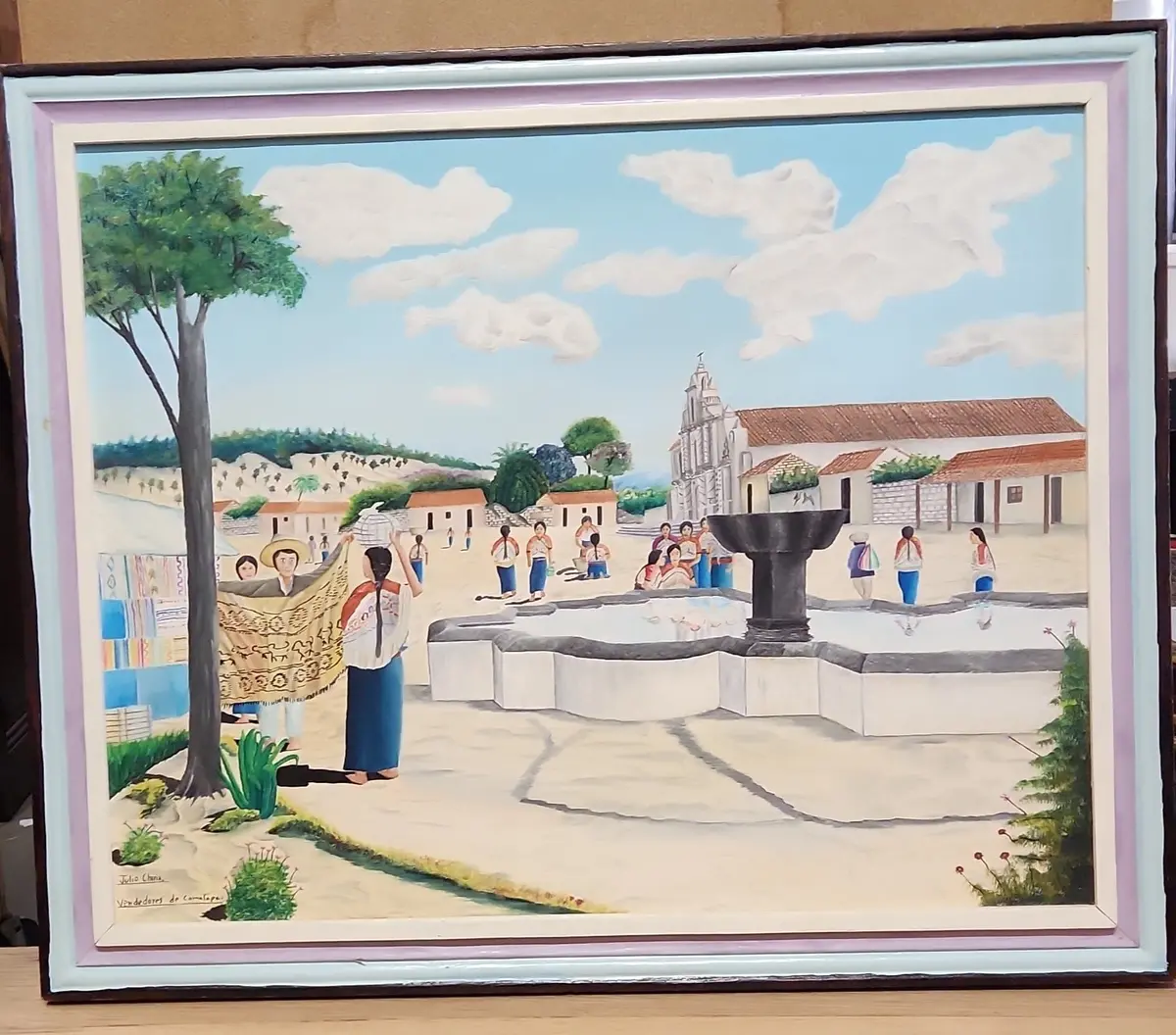 Framed Oil Painting Of A Mission Market Signed Julio Chirex 1