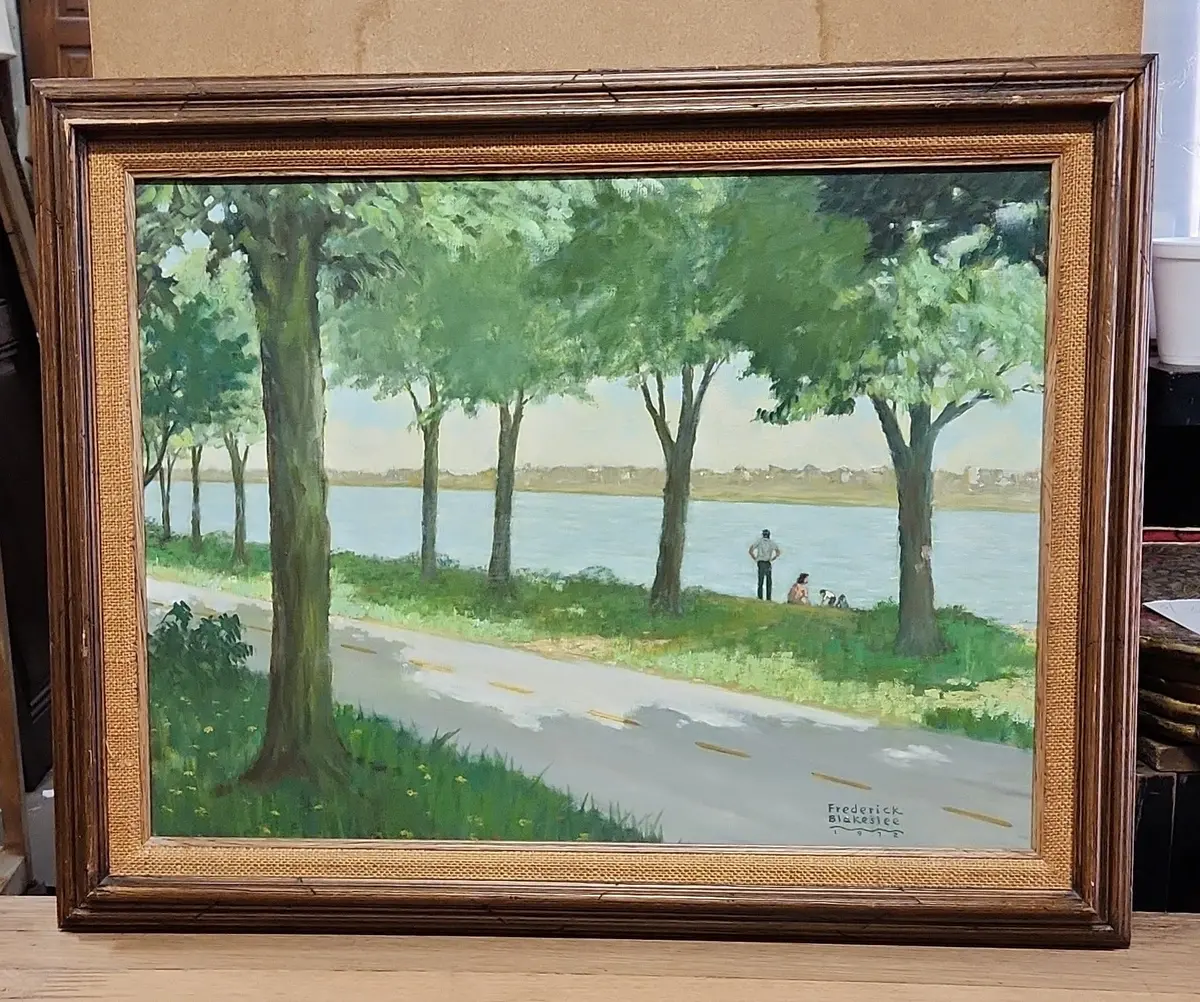 Framed Oil Painting Of A Family By A River Signed Fredrick Blakeslee 1972 1
