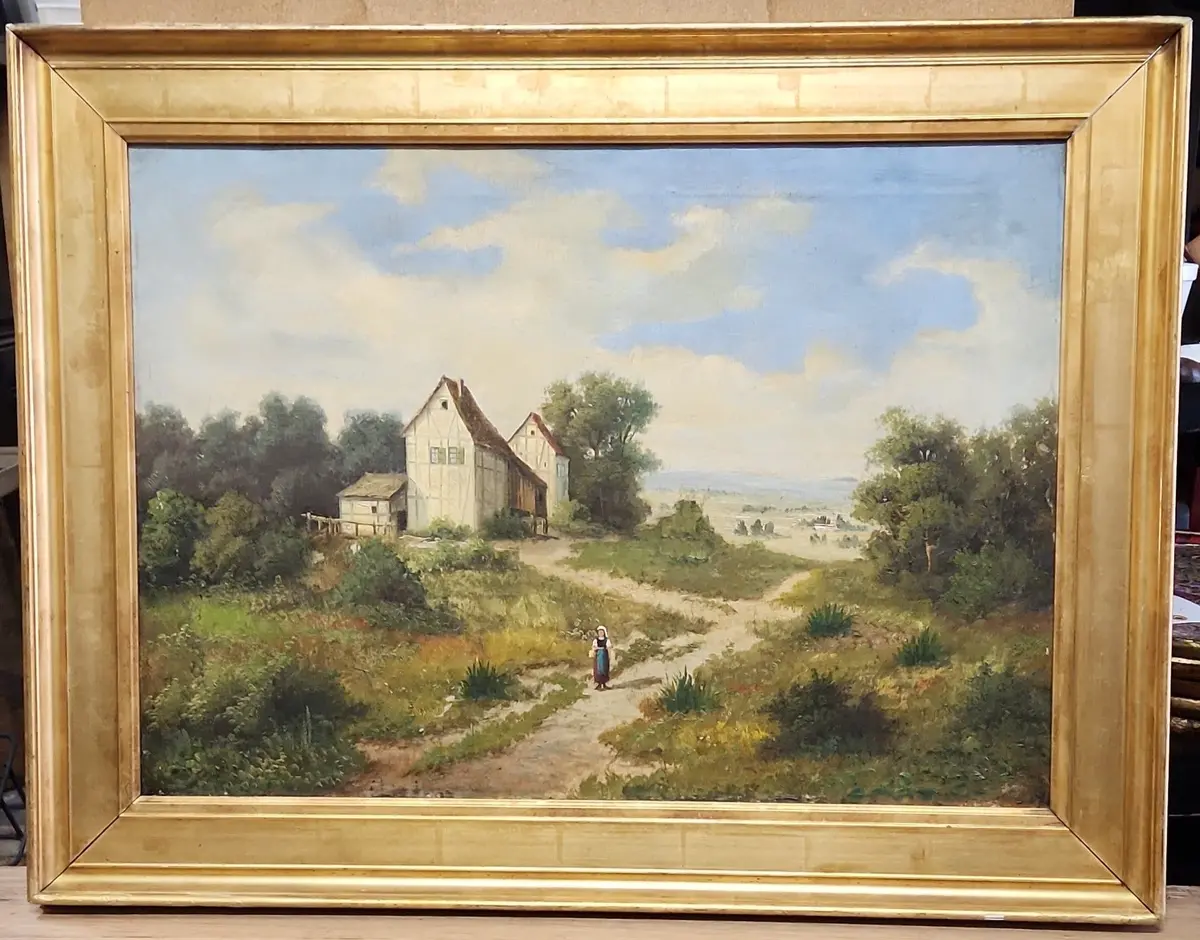 Gold Framed Bucolic Oil Painting Of A Woman And A Barn 1