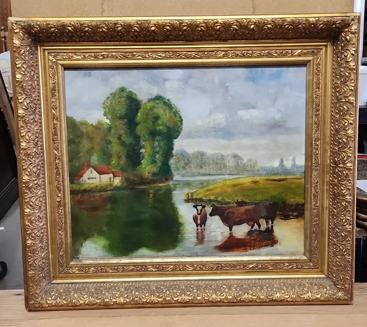 Gold Framed Oil Painting Of Cows In A River Bend 1