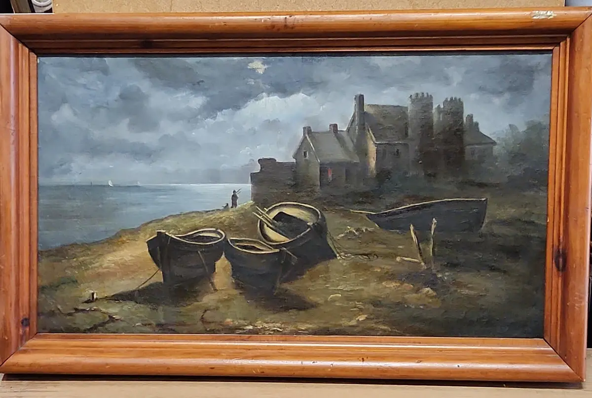 Framed 19Th Century Oil Painting Of A Moon Lit Shoreline With A Castle-Signed 1